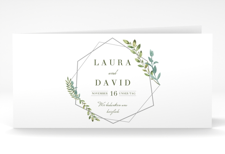 Dankeskarte Hochzeit Herbarium lange Klappkarte quer grau hochglanz mit geometrischem Rahmen und Blätter-Dekor