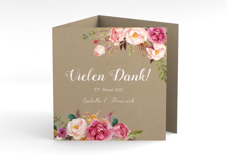 Dankeskarte Hochzeit Flowers quadr. Doppel-Klappkarte Kraftpapier mit bunten Aquarell-Blumen