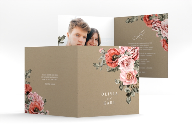 Hochzeitseinladung Grazioso quadr. Klappkarte Kraftpapier modern mit Mohnblumen und Rosen