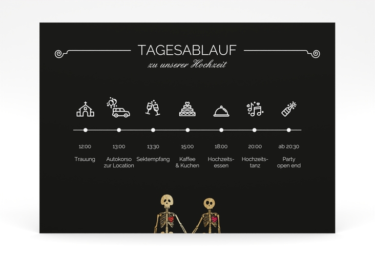 Tagesablauf Poster Hochzeit Bones 70 x 50 cm Poster schwarz mit Skelett-Ehepaar im Cartoon-Stil