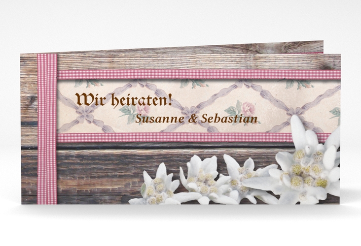 Einladungskarte Hochzeit Bayern lange Klappkarte quer rot hochglanz mit Edelweiß in rustikaler Holz-Optik