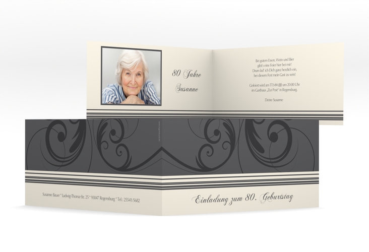 Einladung 80. Geburtstag Katharina lange Klappkarte quer grau hochglanz