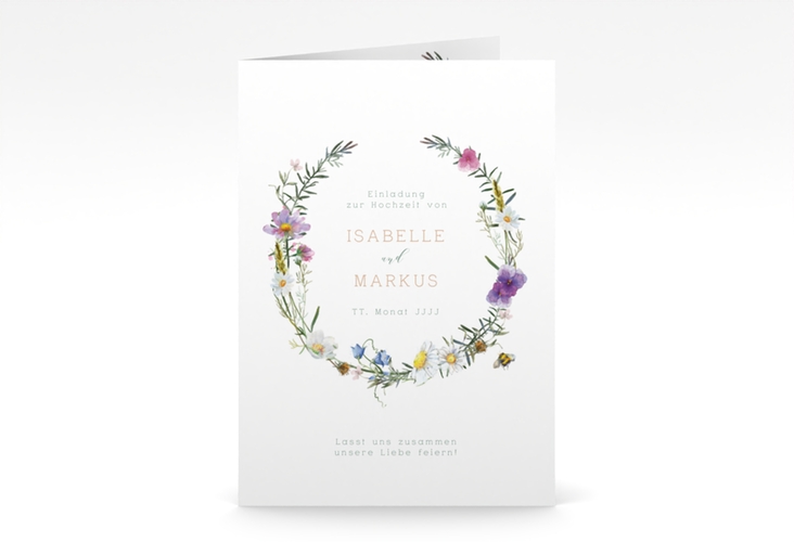 Einladungskarte Hochzeit Blumengarten A6 Klappkarte hoch bunt hochglanz mit Blumenkranz und Hummel