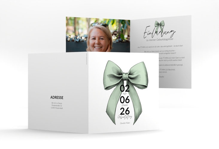 Einladung 60. Geburtstag Geburtstagsschleife quadr. Klappkarte