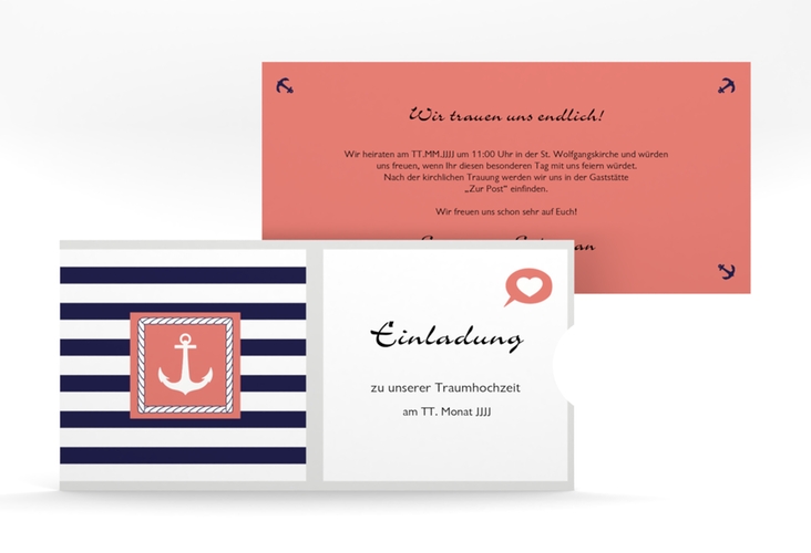 Hochzeitseinladung Girona Einsteckkarte hochglanz mit maritimen Streifen und Anker