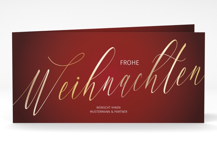 Geschäftliche Weihnachtskarte Schriftzug lange Klappkarte quer rot mit Hirsch mit Schal