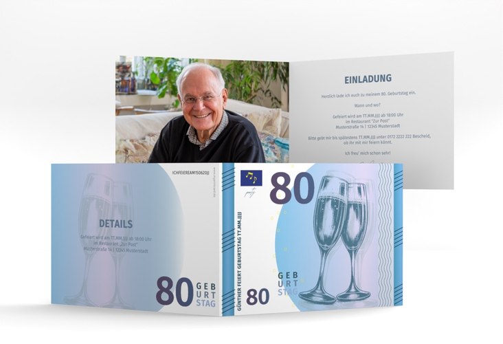Einladung 80. Geburtstag Geldschein A6 Klappkarte quer