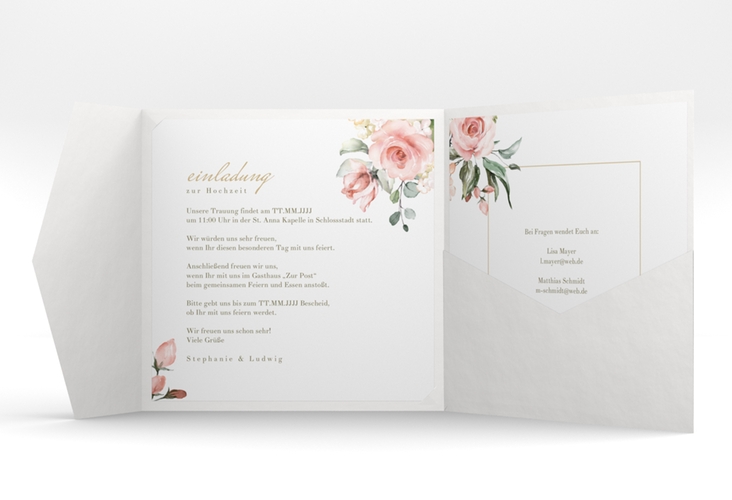 Hochzeitseinladung Graceful Pocketfold mit Rosenblüten in Rosa und Weiß