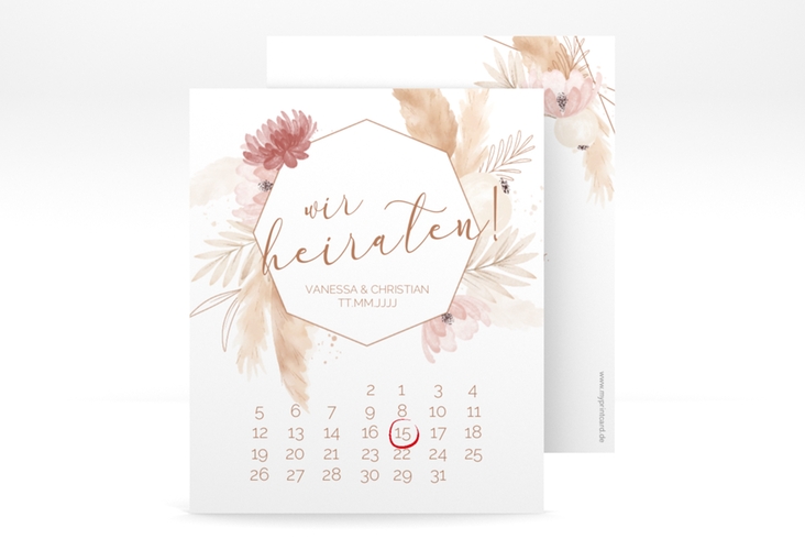 Save the Date-Kalenderblatt Bohostyle Kalenderblatt-Karte beige hochglanz mit Pampasgras in Aquarell