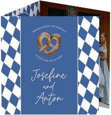Dankeskarte Hochzeit Bayrisch quadr. Doppel-Klappkarte blau mit weiß-blauen Rauten und Brezel in Herzform