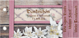 Klick: Details zu Danksagungskarte Hochzeit "Bayern" anzeigen Danksagungskarte Hochzeit Bayern Booklet rot mit Edelweiß in rustikaler Holz-Optik