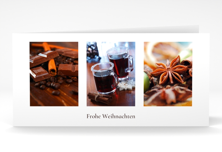 Business-Weihnachtskarte Adventszeit lange Klappkarte quer mit Bildern von Schokolade, Glühwein und Sternanis