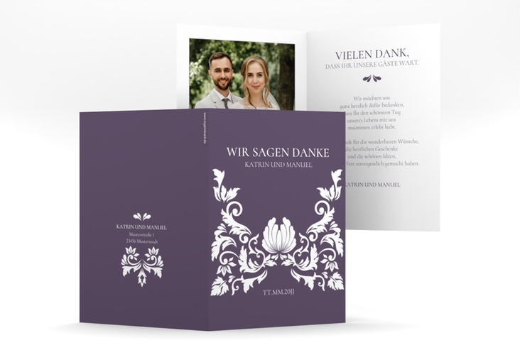 Danksagungskarte Hochzeit Royal A6 Klappkarte hoch lila mit barockem Blumen-Ornament