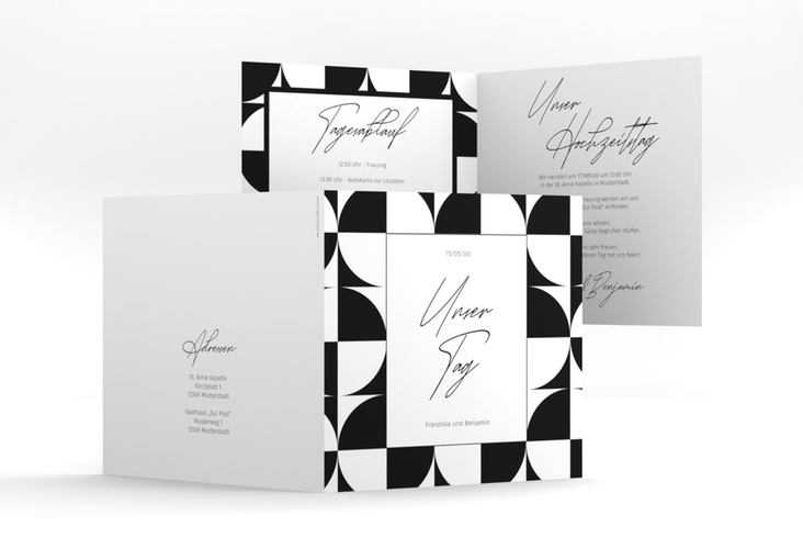 Hochzeitseinladung Schwarzweiss quadr. Klappkarte schwarz hochglanz mit modernem grafischem Muster