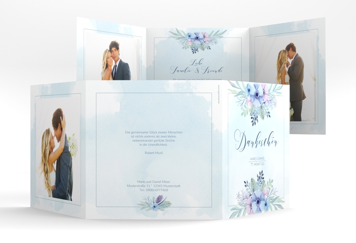 Dankeskarte Hochzeit Surfinia quadr. Doppel-Klappkarte blau hochglanz