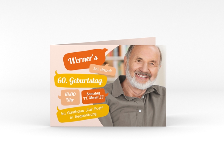 Einladung 60. Geburtstag Whatsup A6 Klappkarte quer orange hochglanz