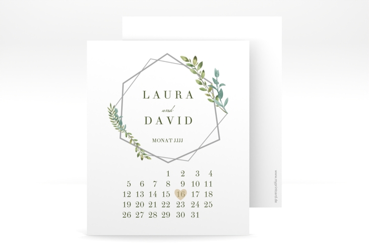 Save the Date-Kalenderblatt Herbarium Kalenderblatt-Karte grau mit geometrischem Rahmen und Blätter-Dekor