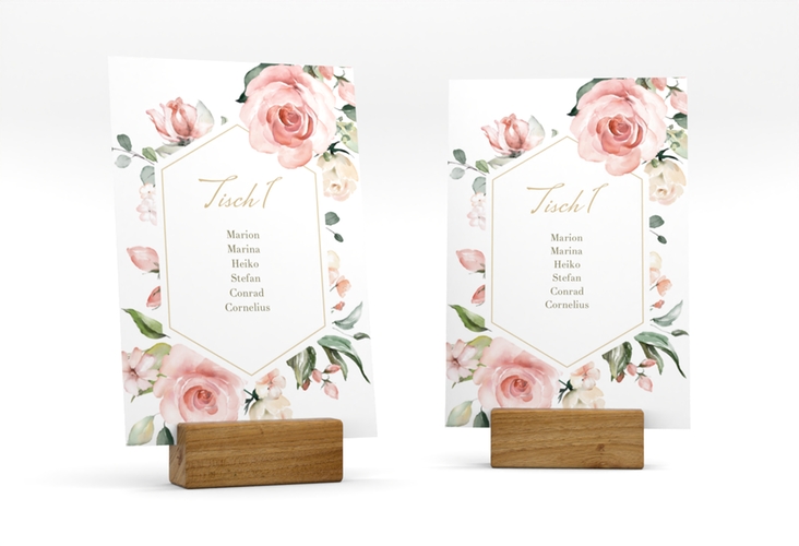 Tischaufsteller Hochzeit Graceful Tischaufsteller weiss mit Rosenblüten in Rosa und Weiß