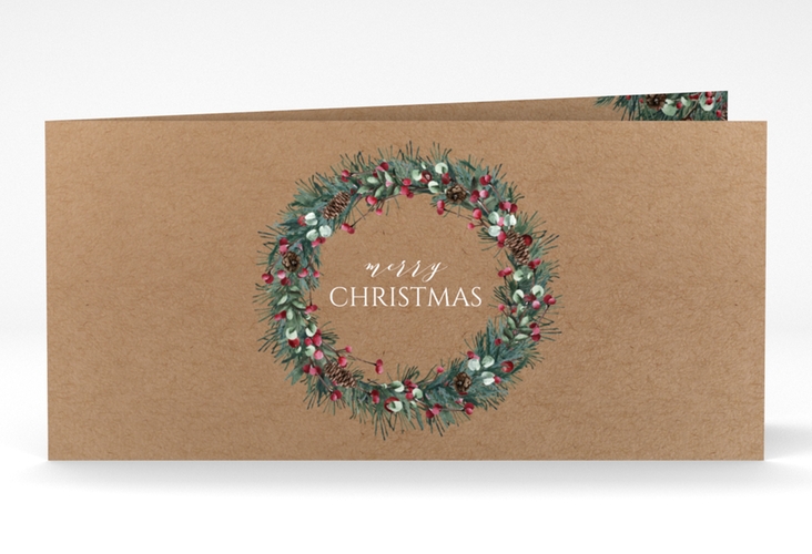 Geschäftliche Weihnachtskarte Kranz lange Klappkarte quer mit Kieferzweigen, Zapfen und roten Beeren