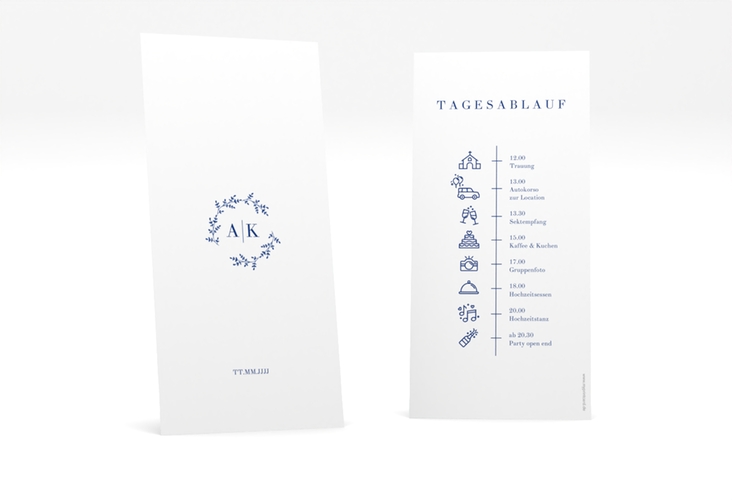 Tagesablauf Hochzeit Filigrana lange Karte hoch blau in reduziertem Design mit Initialen und zartem Blätterkranz