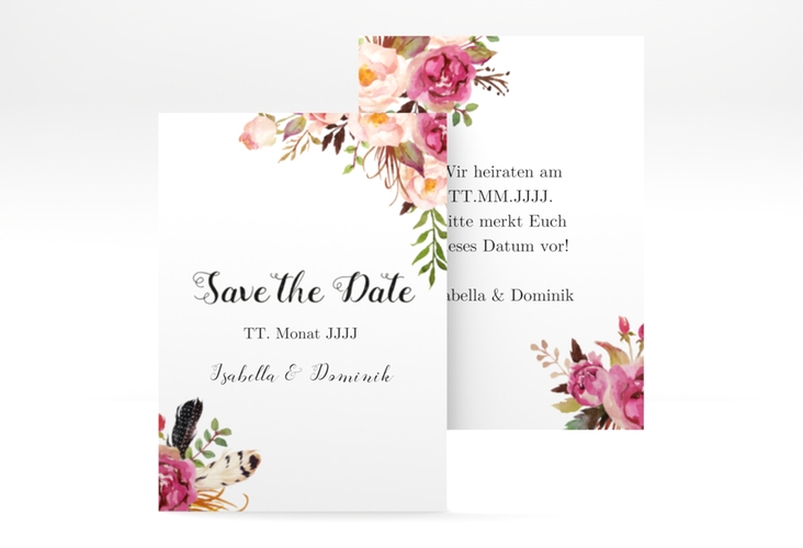 Save the Date-Visitenkarte Flowers Visitenkarte hoch weiss mit bunten Aquarell-Blumen