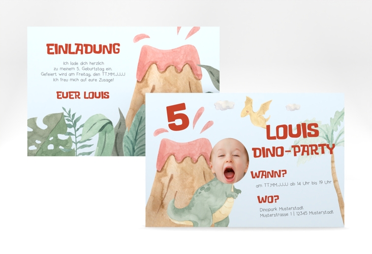 Einladungskarte Kindergeburtstag Dinoparty A6 Karte quer lustig mit T-Rex und Foto