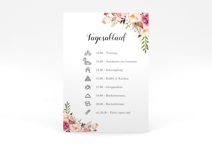 Tagesablauf Poster Hochzeit Flowers 50 x 70 cm Poster weiss mit bunten Aquarell-Blumen
