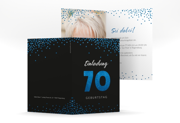Einladung 70. Geburtstag Glitzer A6 Klappkarte hoch blau