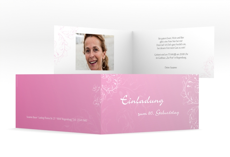 Einladung 80. Geburtstag Peter/Petra lange Klappkarte quer rosa