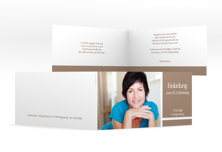 Einladung 50. Geburtstag Gerd/Gerda lange Klappkarte quer braun mit Foto