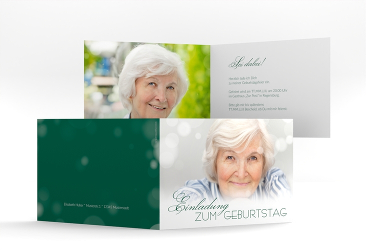 Einladung 80. Geburtstag Luminous A6 Klappkarte quer gruen