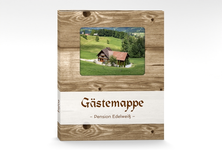 Gästemappe Ferienwohnung A4 Holzhaus Gästemappe A4 in Holz-Optik mit Foto