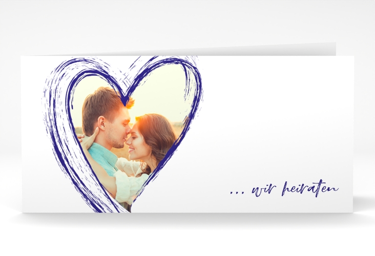 Hochzeitseinladung Liebe lange Klappkarte quer blau hochglanz