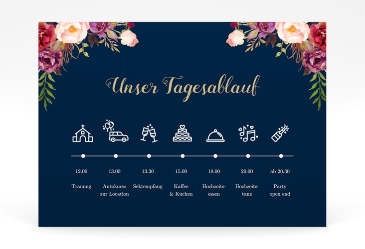 Tagesablauf Poster Hochzeit Flowers 70 x 50 cm Poster blau mit bunten Aquarell-Blumen