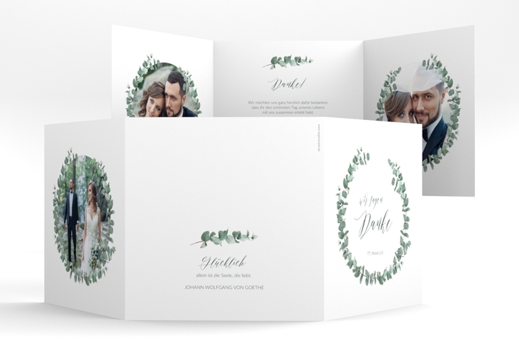 Danksagungskarte Hochzeit Silverleaf quadr. Doppel-Klappkarte weiss hochglanz mit Eukalyptus-Zweig