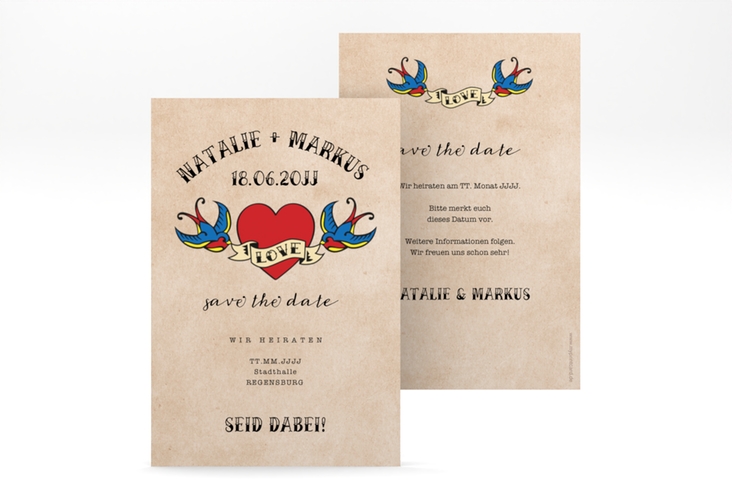 Save the Date-Karte Tattoo A6 Karte hoch beige mit Herz und zwei Schwalben