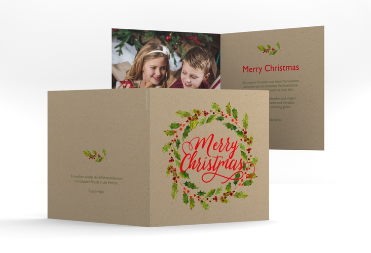 Weihnachtskarte Weihnachtskranz quadr. Klappkarte Kraftpapier hochglanz mit Kranz aus Stechpalme