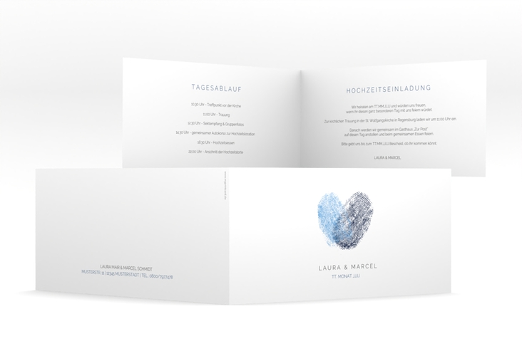 Hochzeitseinladung Fingerprint lange Klappkarte quer blau hochglanz schlicht mit Fingerabdruck-Motiv
