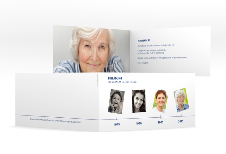 Einladung 80. Geburtstag Timeline lange Klappkarte quer