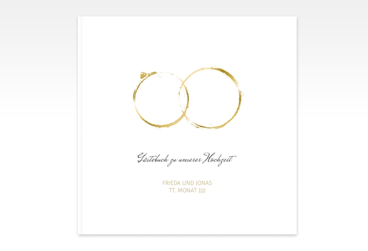 Gästebuch Creation Hochzeit Trauringe 20 x 20 cm, Hardcover gold minimalistisch gestaltet mit zwei Eheringen