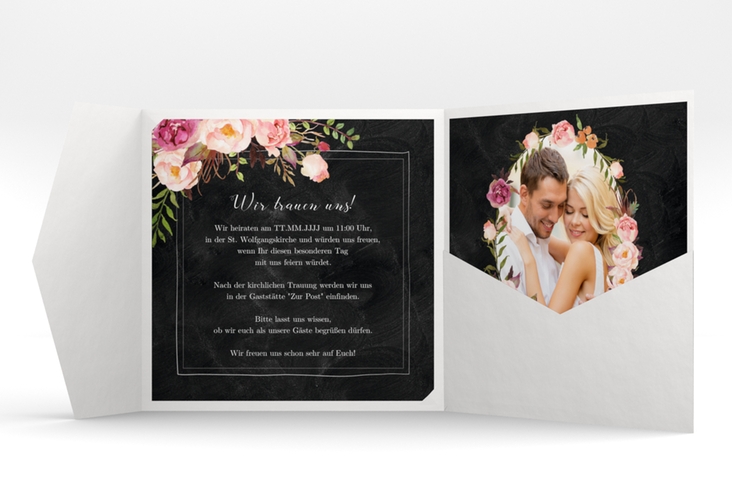 Hochzeitseinladung Flowers Pocketfold schwarz hochglanz mit bunten Aquarell-Blumen