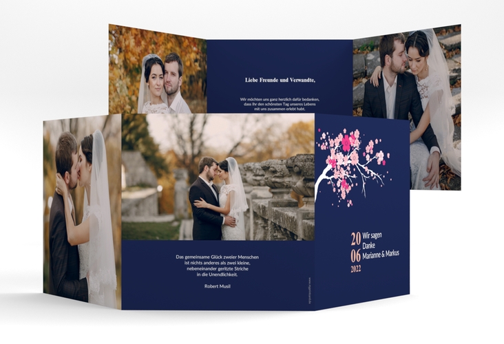Dankeskarte Hochzeit Sakura quadr. Doppel-Klappkarte blau hochglanz