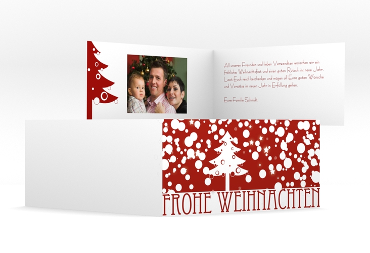 Weihnachtskarte Wishes lange Klappkarte quer rot hochglanz mit Winterlandschaft und Art Déco Schriftzug