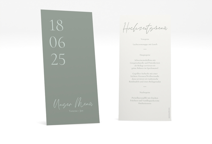 Menükarte Hochzeit Day lange Karte hoch gruen hochglanz mit Datum im minimalistischen Design