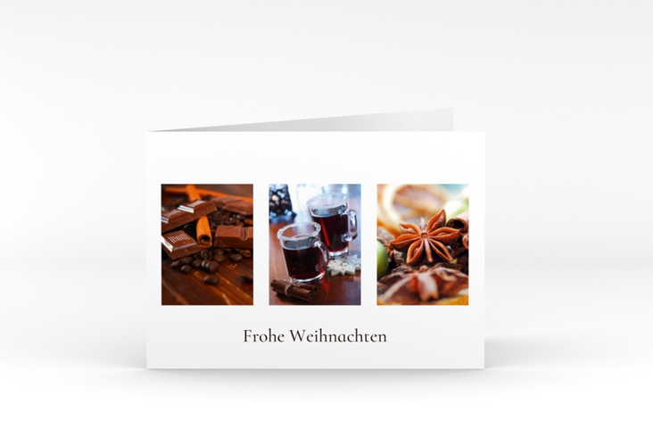 Geschäftliche Weihnachtskarte "Adventszeit" DIN A6 Klappkarte quer mit kulinarischen Fotos in Weiß und Braun