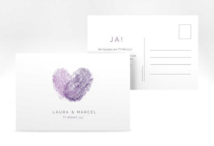Save the Date-Postkarte Fingerprint A6 Postkarte lila schlicht mit Fingerabdruck-Motiv