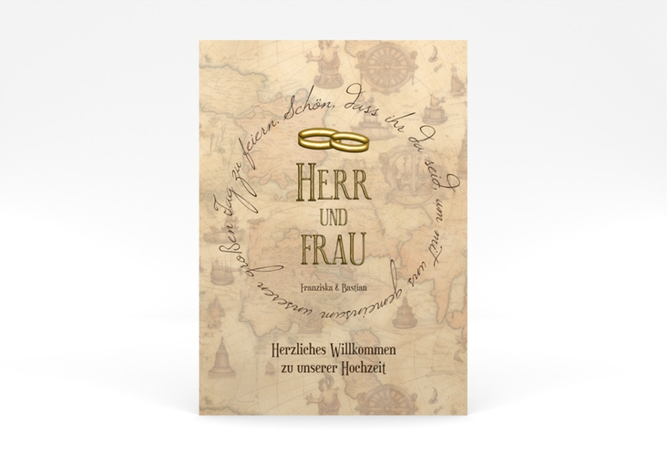 Willkommensschild Poster Zwei Ringe 50 x 70 cm Poster beige mit Eheringen und Fantasy-Landkarte