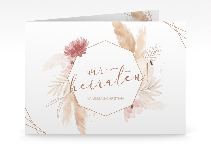 Hochzeitseinladung Bohostyle mittlere Klappkarte quer mit Pampasgras in Aquarell