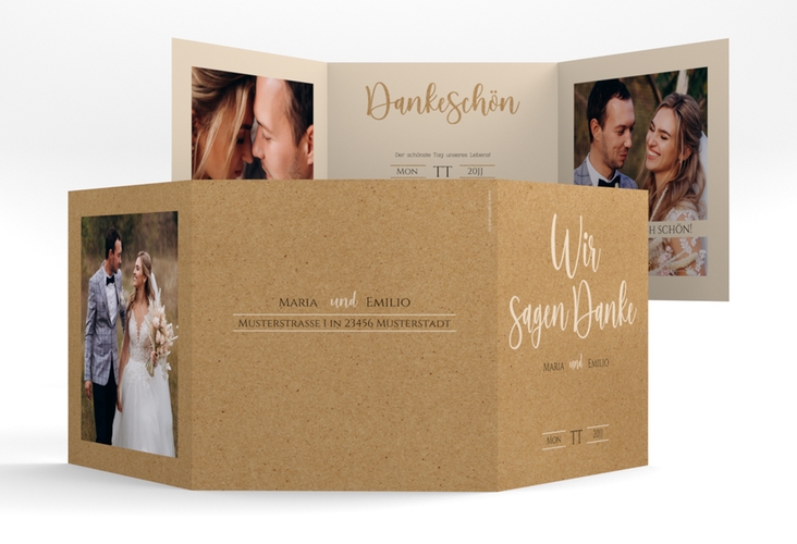Dankeskarte Hochzeit Noble quadr. Doppel-Klappkarte Kraftpapier hochglanz mit elegantem Schriftzug