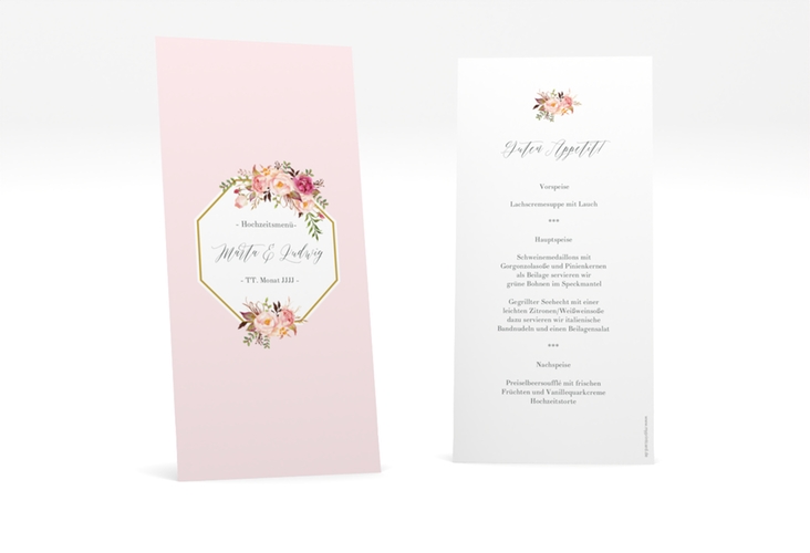 Menükarte Hochzeit Prachtvoll lange Karte hoch rosa
